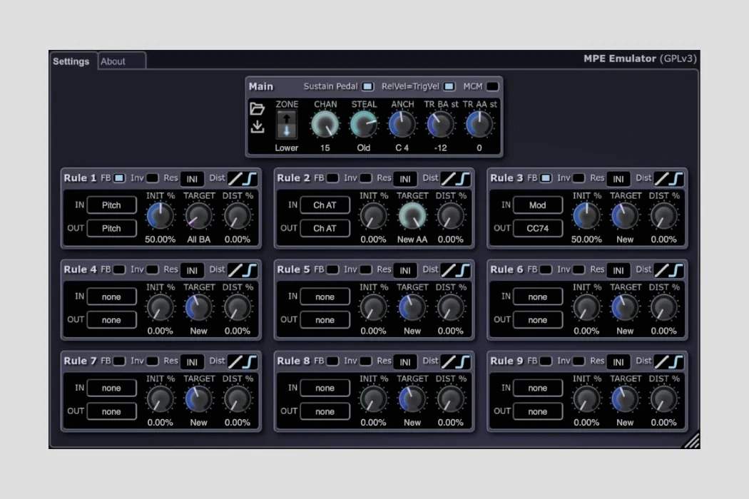 Interface du plugin MPE Emulator sur ordinateur, avec réglages MIDI et courbes polyphoniques affichées