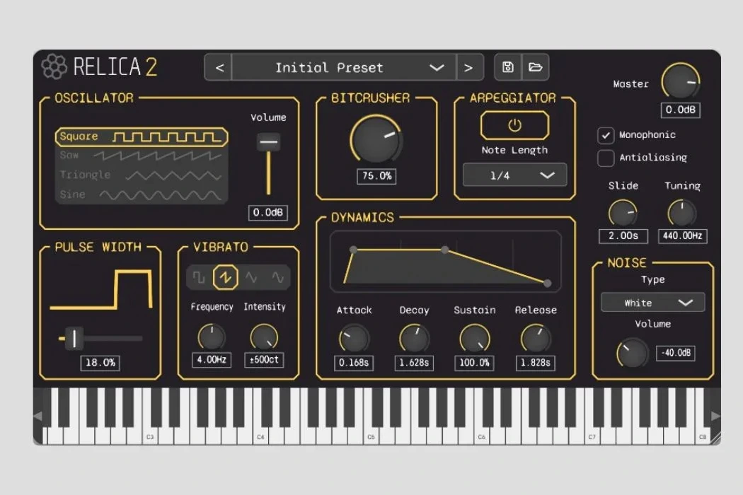 Capture d’écran du plugin synthé 8-bit gratuit Relica 2 de Hivetune, interface avec boutons et oscillateurs