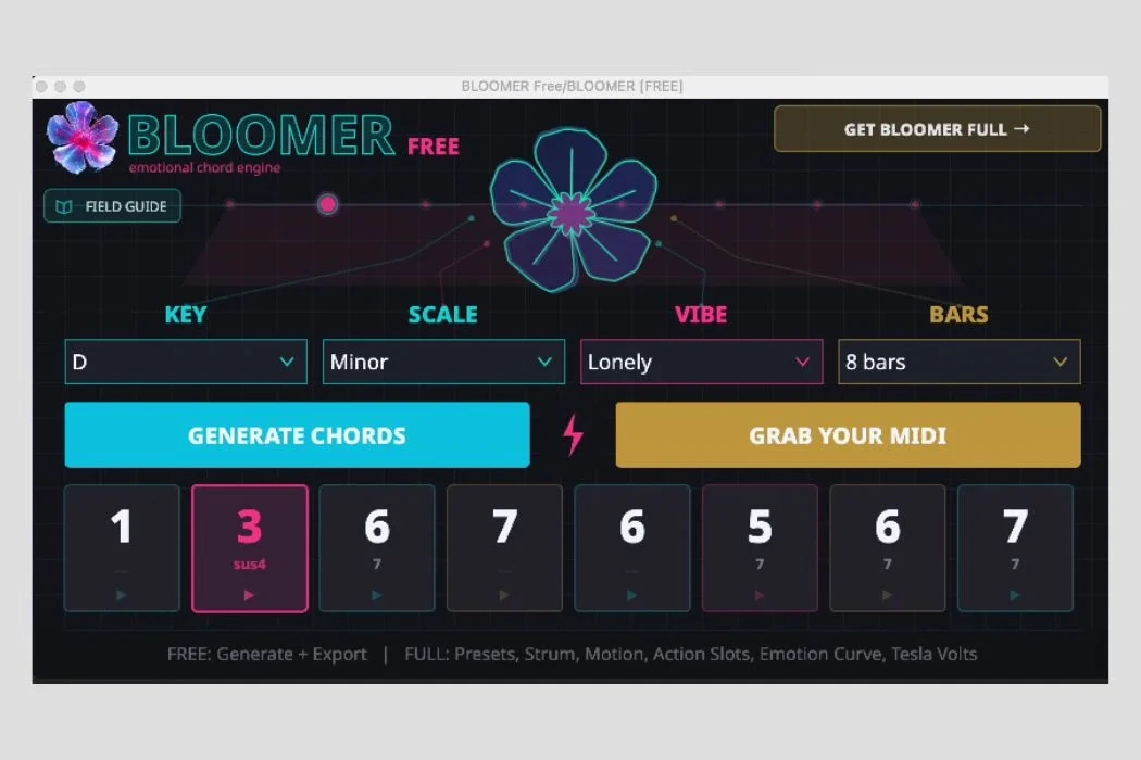 Interface du plugin Bloomer Free de The Freequency affichant des accords et réglages sur un écran d’ordinateur