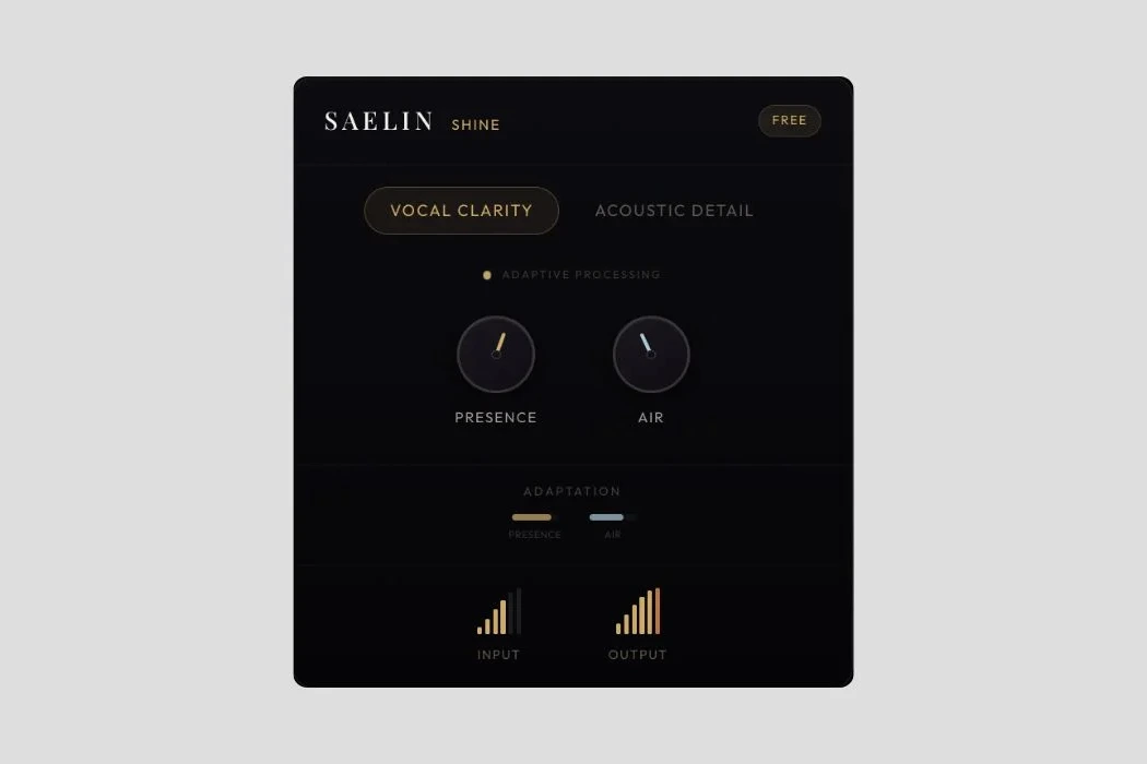Interface du plugin Shine de Saelin Audio affichée sur écran, avec réglages pour voix et guitare acoustique