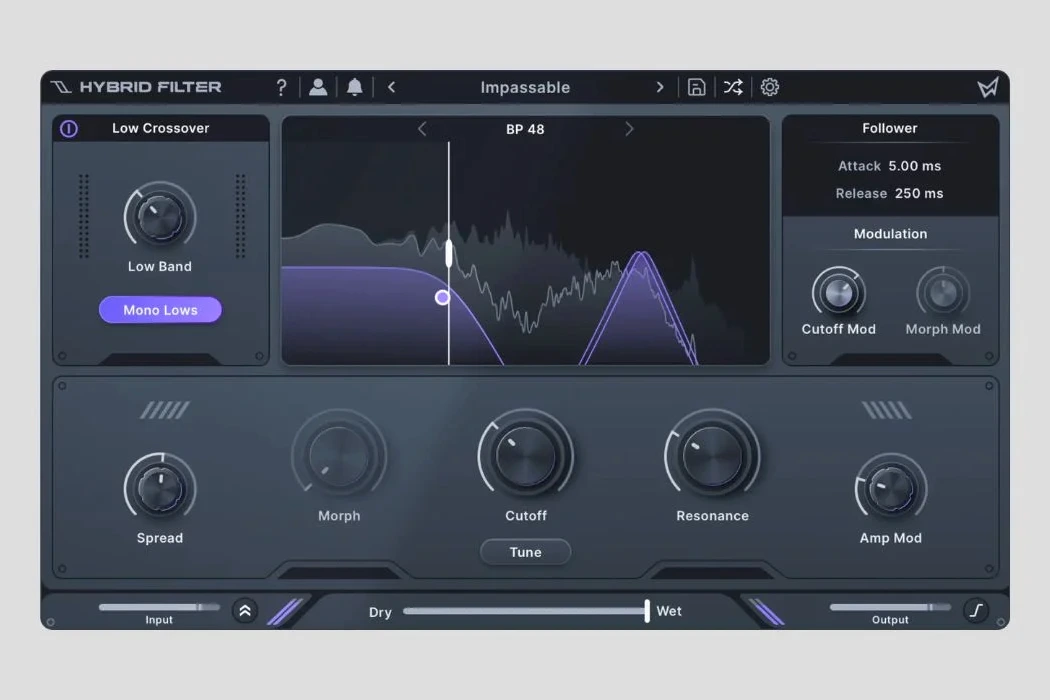 Capture d’écran du plugin gratuit Hybrid Filter de Minimal Audio, avec interface de filtre et réglages visibles