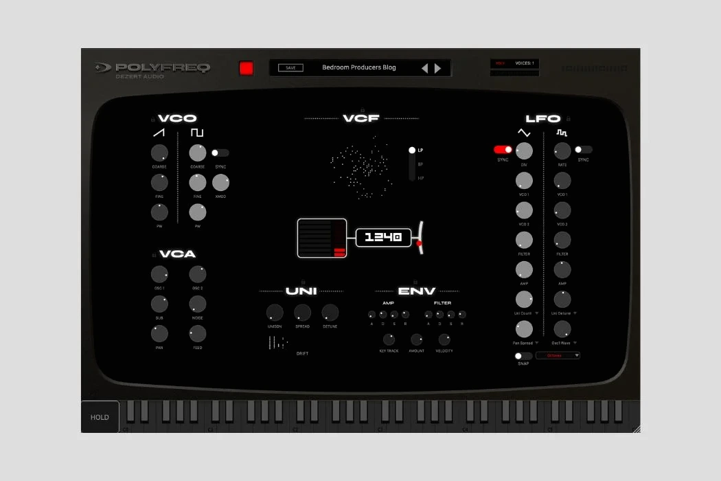Interface du plugin Dezert Audio PolyFreq affichée sur écran, avec oscillateurs et filtres analogiques modélisés