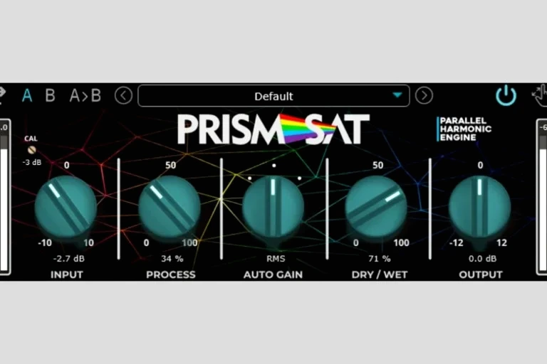 Interface du plugin GARUC Audio Prism Sat affichant des boutons et réglages de saturation analogique