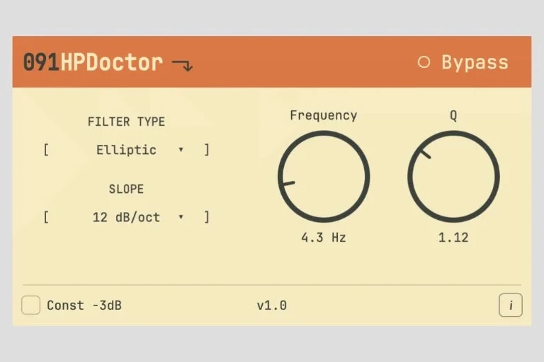 Interface du plugin gratuit 091HPDoctor affichant les réglages d’un filtre passe-haut sur écran d’ordinateur