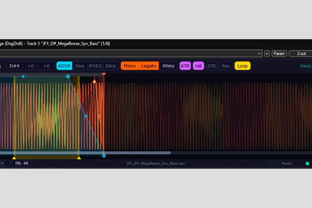 Interface du plugin gratuit Cartridge de DsgDnB, avec forme d’onde, tranches audio et contrôles de sampler/slicer