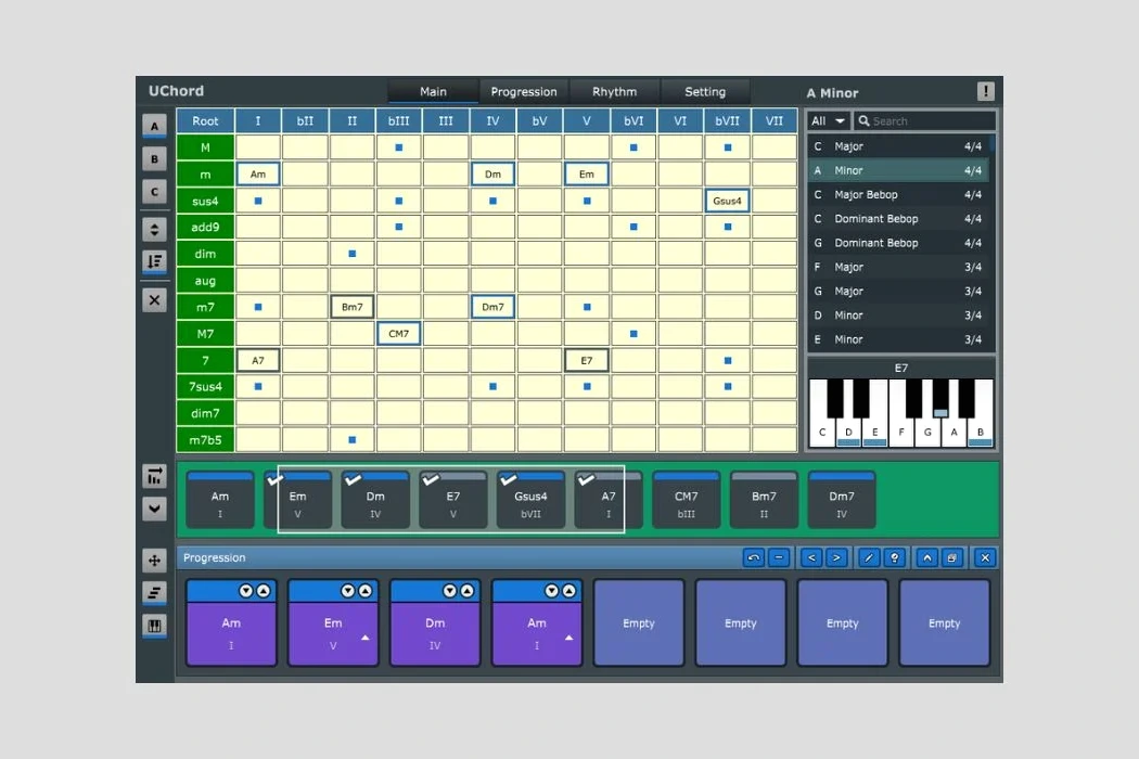 Interface du plugin UChord d’Ultimate MIDI sur Windows, avec accords et paramètres MIDI affichés
