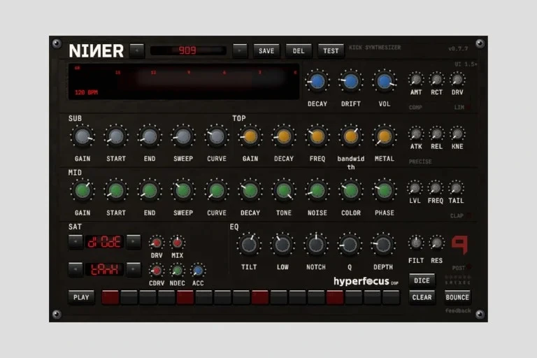 Interface du synthé de grosse caisse 909 Niner de Hyperfocus DSP, avec boutons et réglages en façade