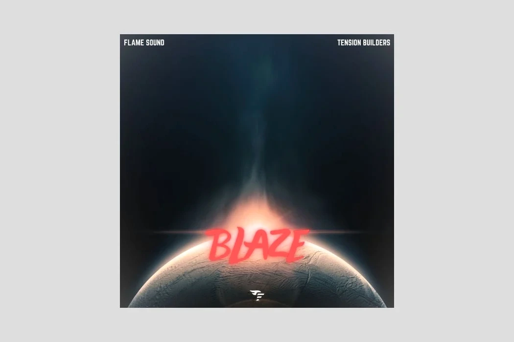 Logo Flame Sound avec l’interface du plugin Blaze Tension Builders affichée sur un écran d’ordinateur