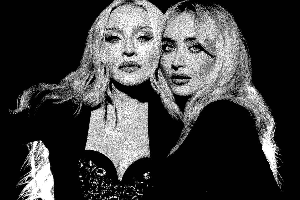 Madonna et Sabrina Carpenter posant côte à côte, avec le titre « Bring Your Love » en arrière-plan
