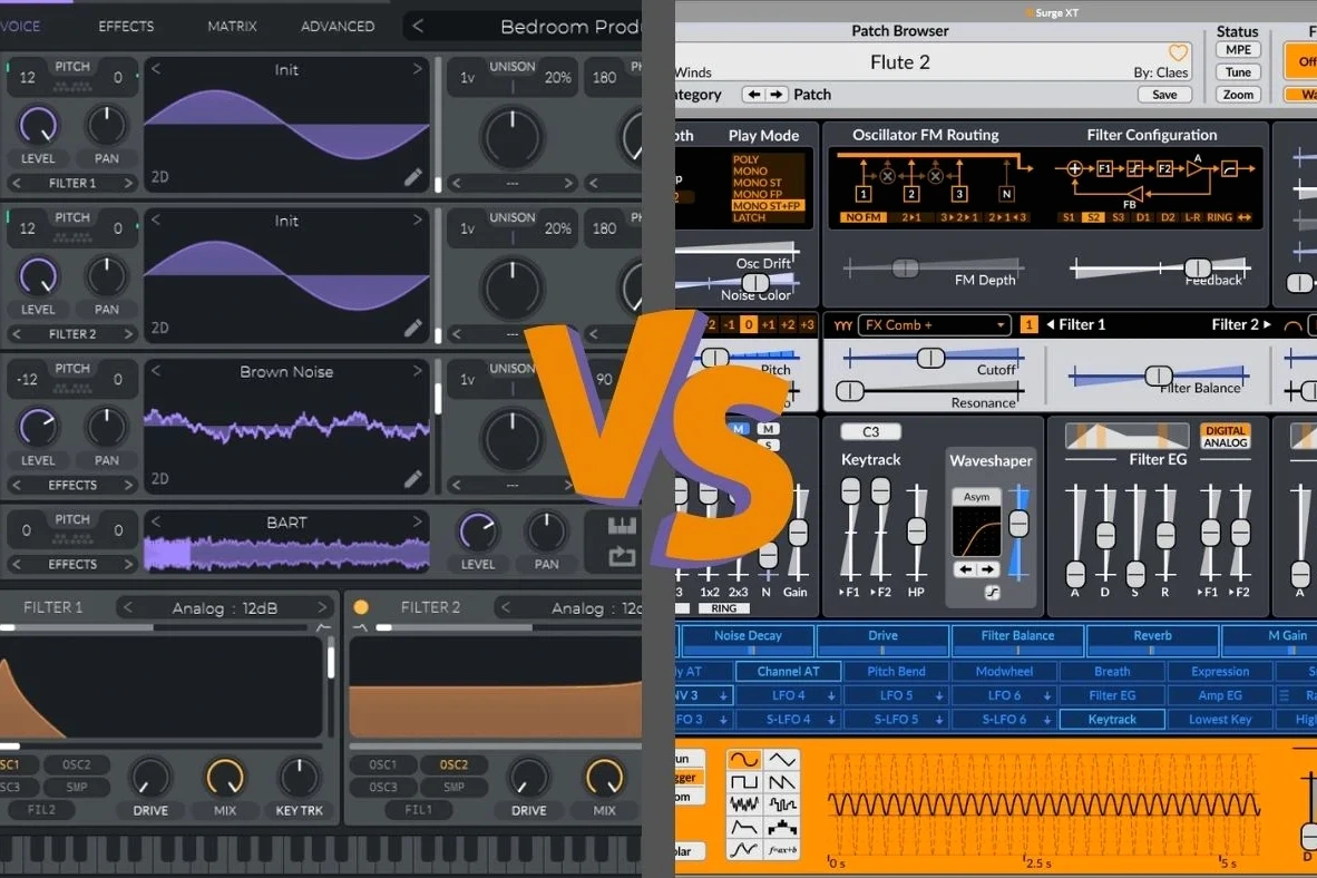 Comparatif à l’écran de Vital et Surge XT, interfaces de synthés gratuits côte à côte sur un ordinateur.