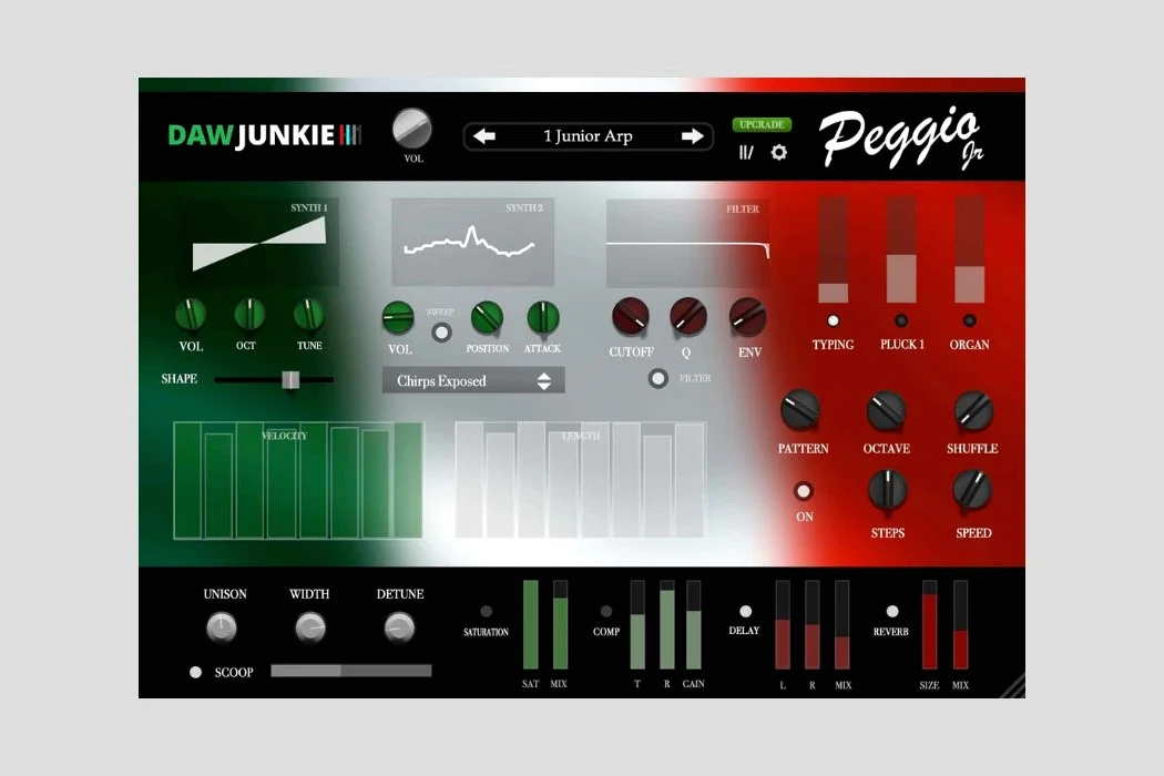 DAWJunkie présente Peggio Jr, arpeggiateur synthé gratuit, sur écran d’ordinateur avec interface du plugin