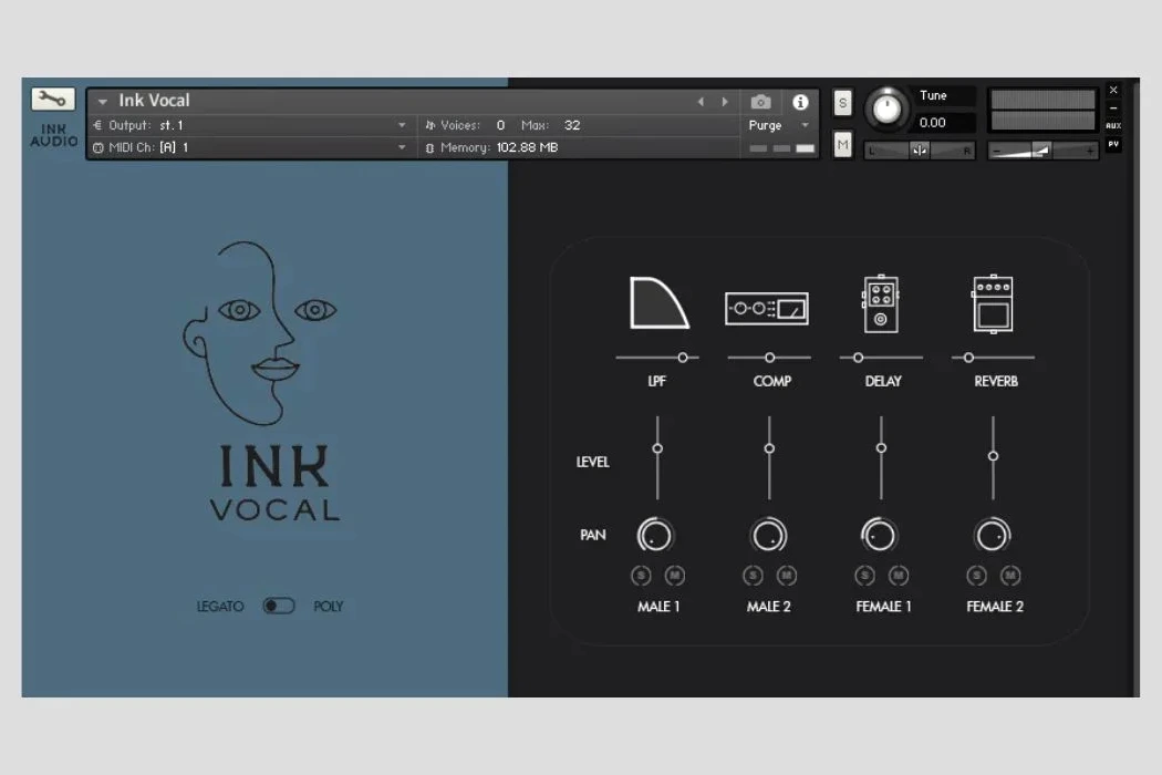 Interface de la bibliothèque vocale Kontakt Ink Vocal affichée sur un écran, avec boutons et paramètres visibles