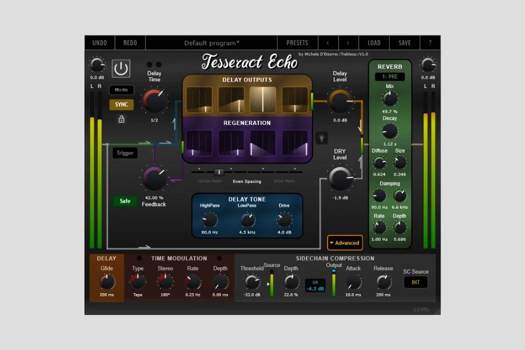 Interface du plugin Tesseract Echo affichant réglages de delay tape et reverb multi-tap sur fond sombre