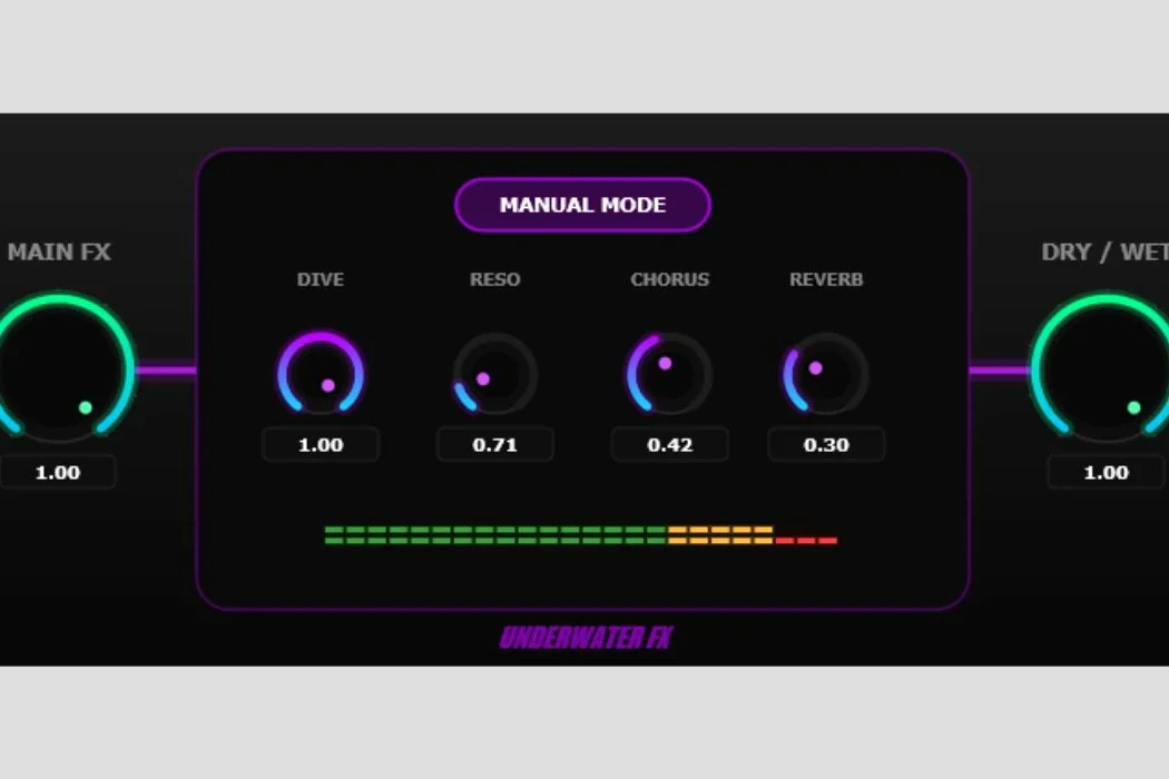 Interface du plugin UnderwaterFX sur Windows, avec aperçu d’un filtre sous-marin bleu et réglages visibles