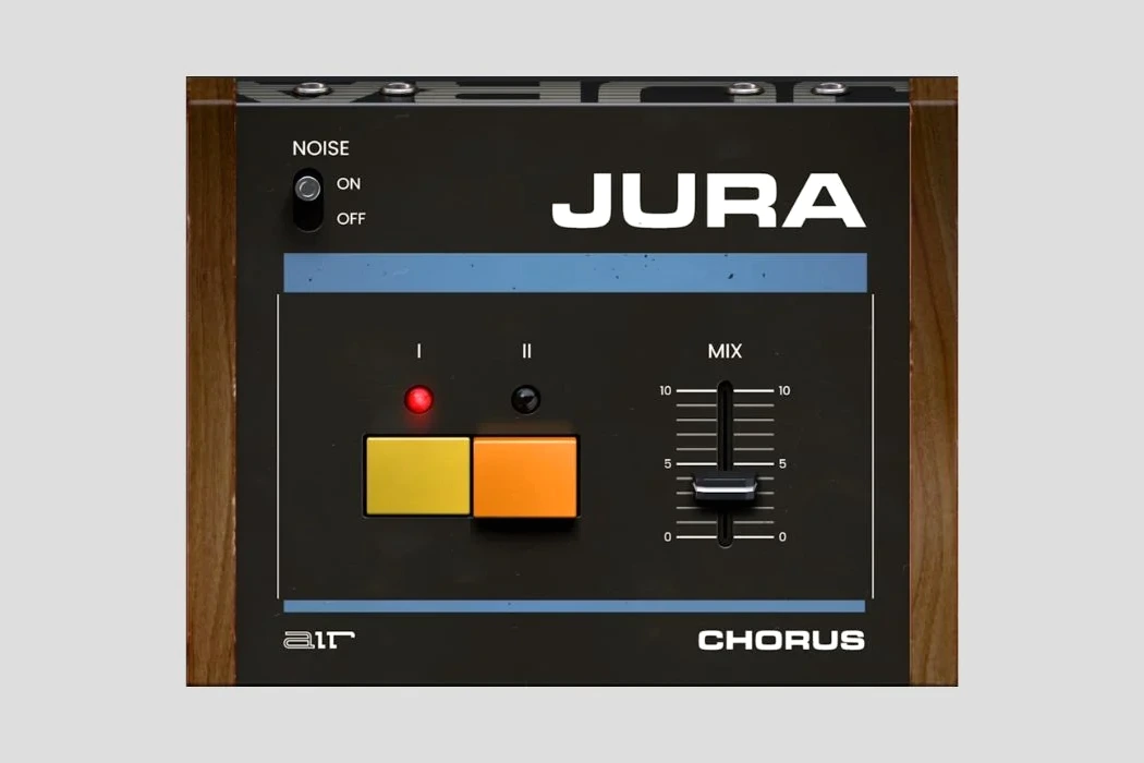 Logo AIR Music Technology et interface du plugin Jura Chorus affichée sur un écran, offre gratuite jusqu’au 2 août