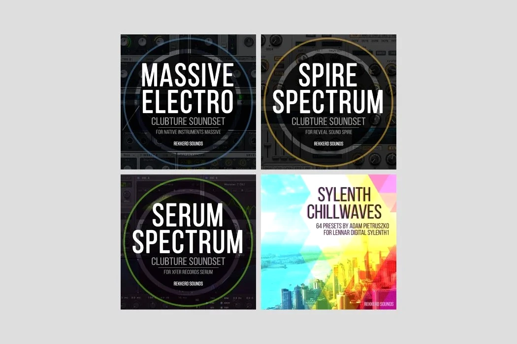 Packs de presets Rekkerd Sounds gratuits affichés à l’écran pour Massive, Serum, Spire et Sylenth1
